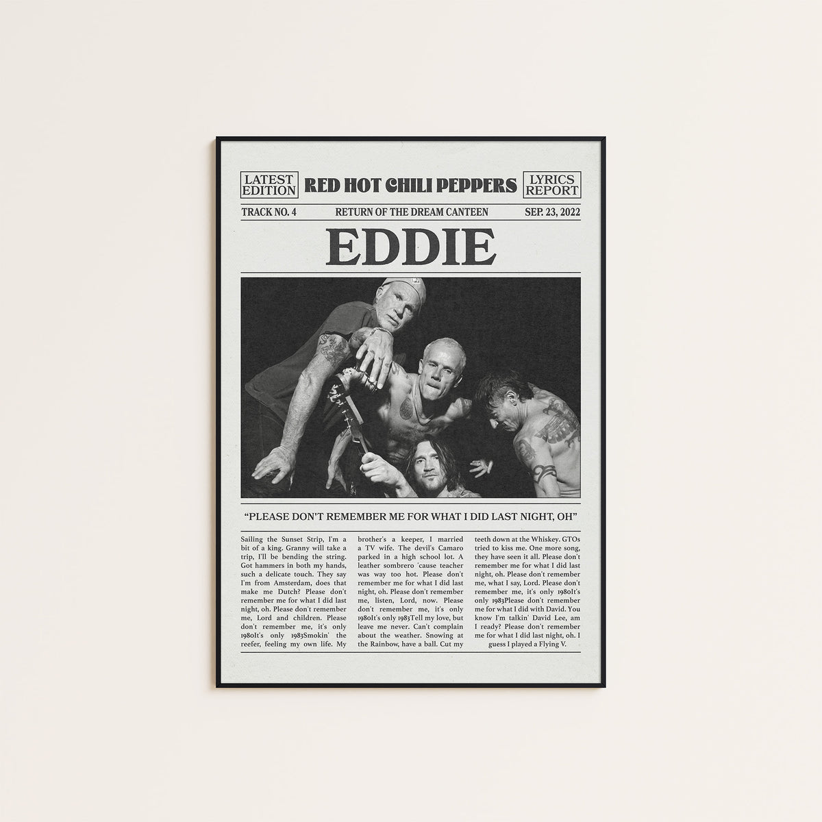 Red Hot Chili Peppers Eddie newspaper poster — black frame display
