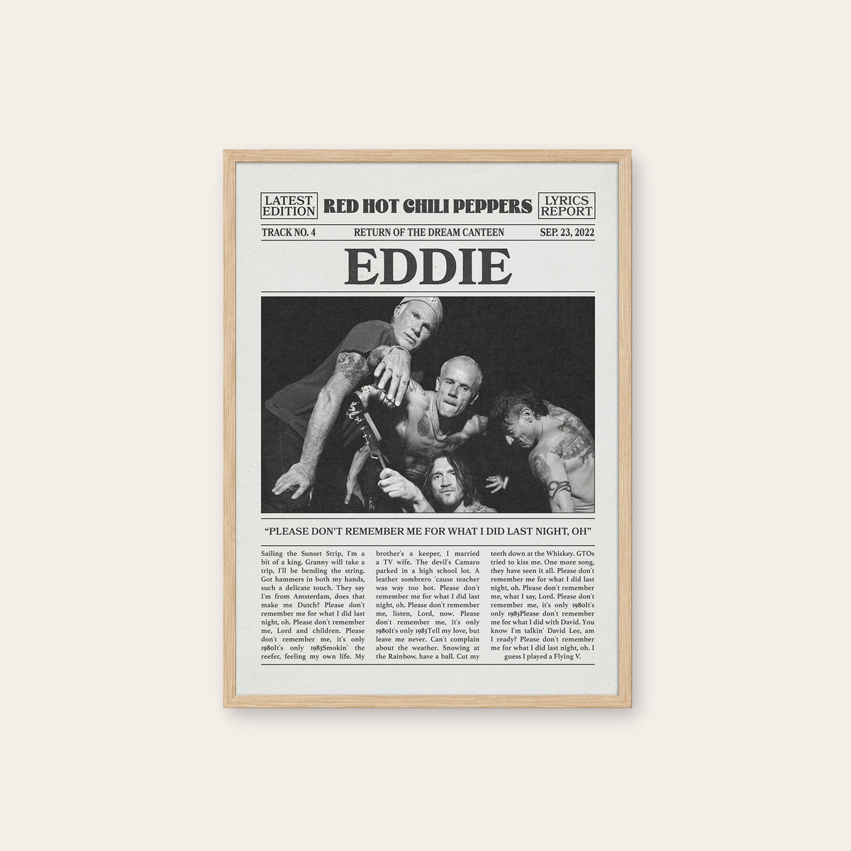 Red Hot Chili Peppers Eddie newspaper poster — natural wood frame