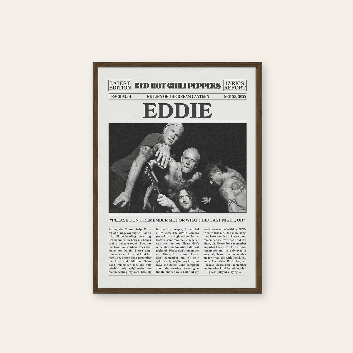 Red Hot Chili Peppers Eddie newspaper poster — dark wood frame