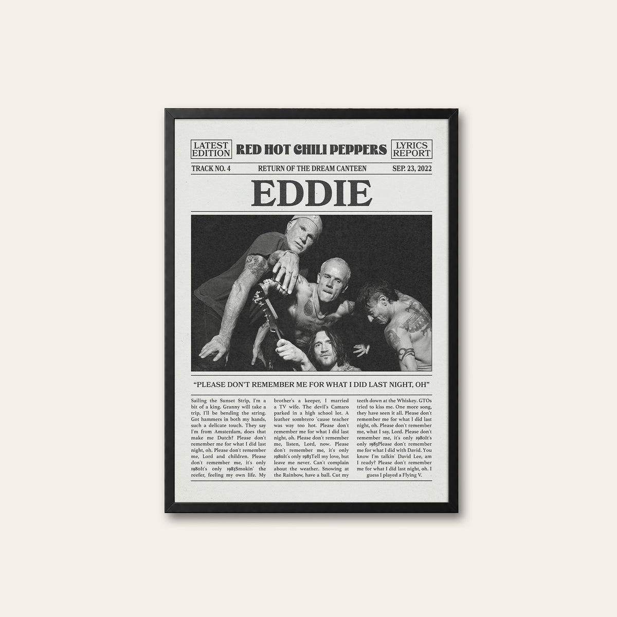 Red Hot Chili Peppers Eddie newspaper poster — black frame