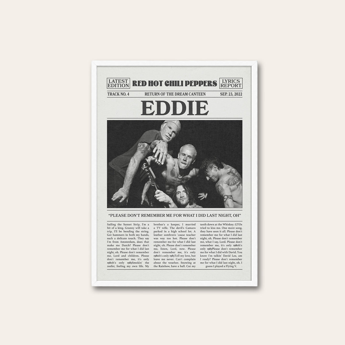 Red Hot Chili Peppers Eddie newspaper poster — white frame