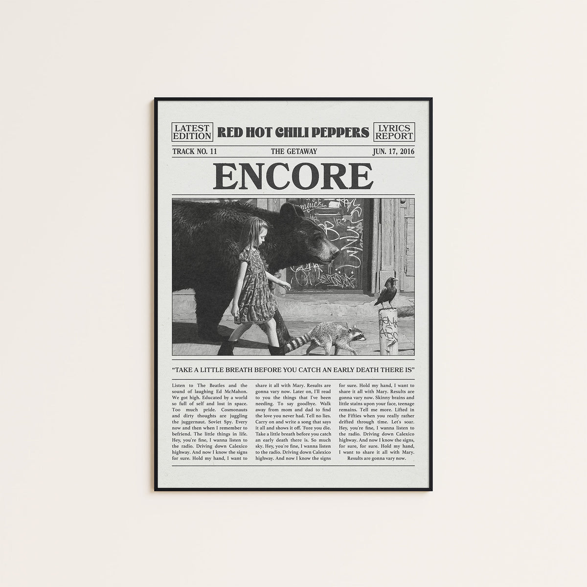 Red Hot Chili Peppers Encore newspaper poster — black frame display
