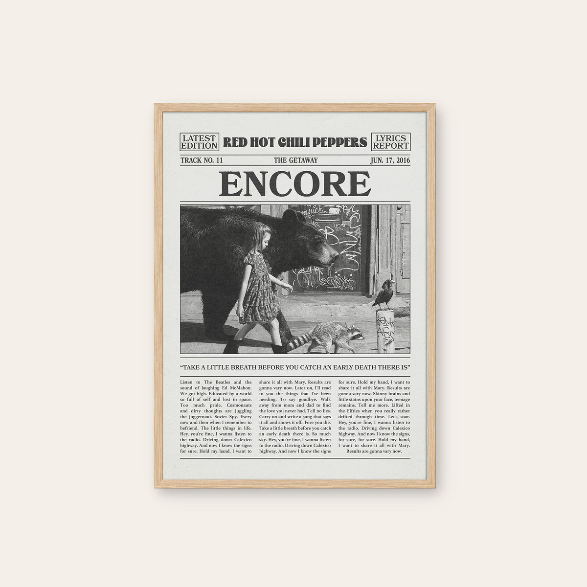 Red Hot Chili Peppers Encore newspaper poster — natural wood frame