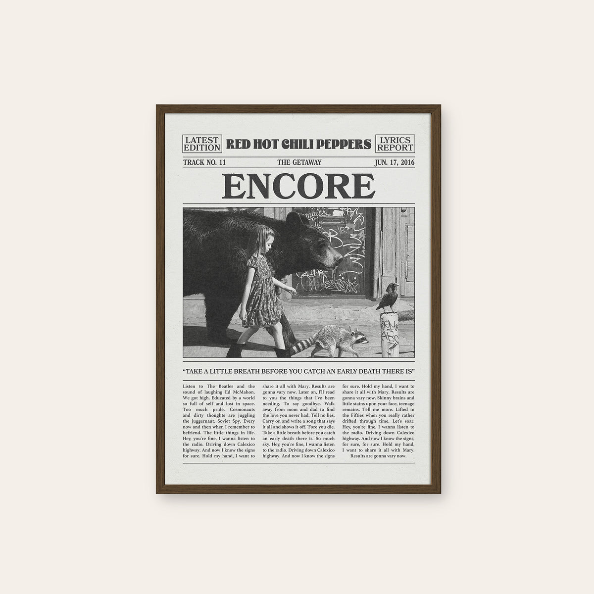 Red Hot Chili Peppers Encore newspaper poster — dark wood frame
