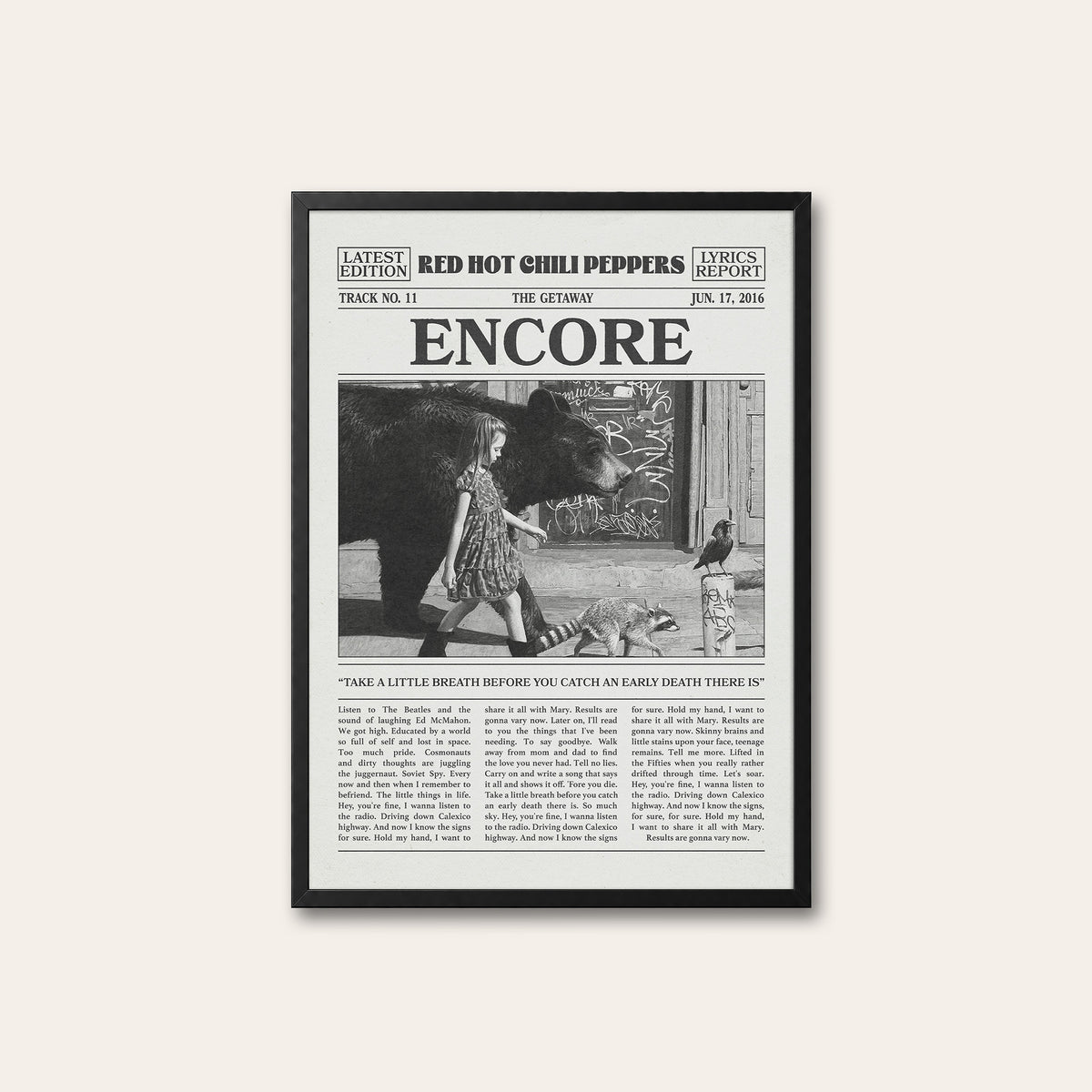 Red Hot Chili Peppers Encore newspaper poster — black frame