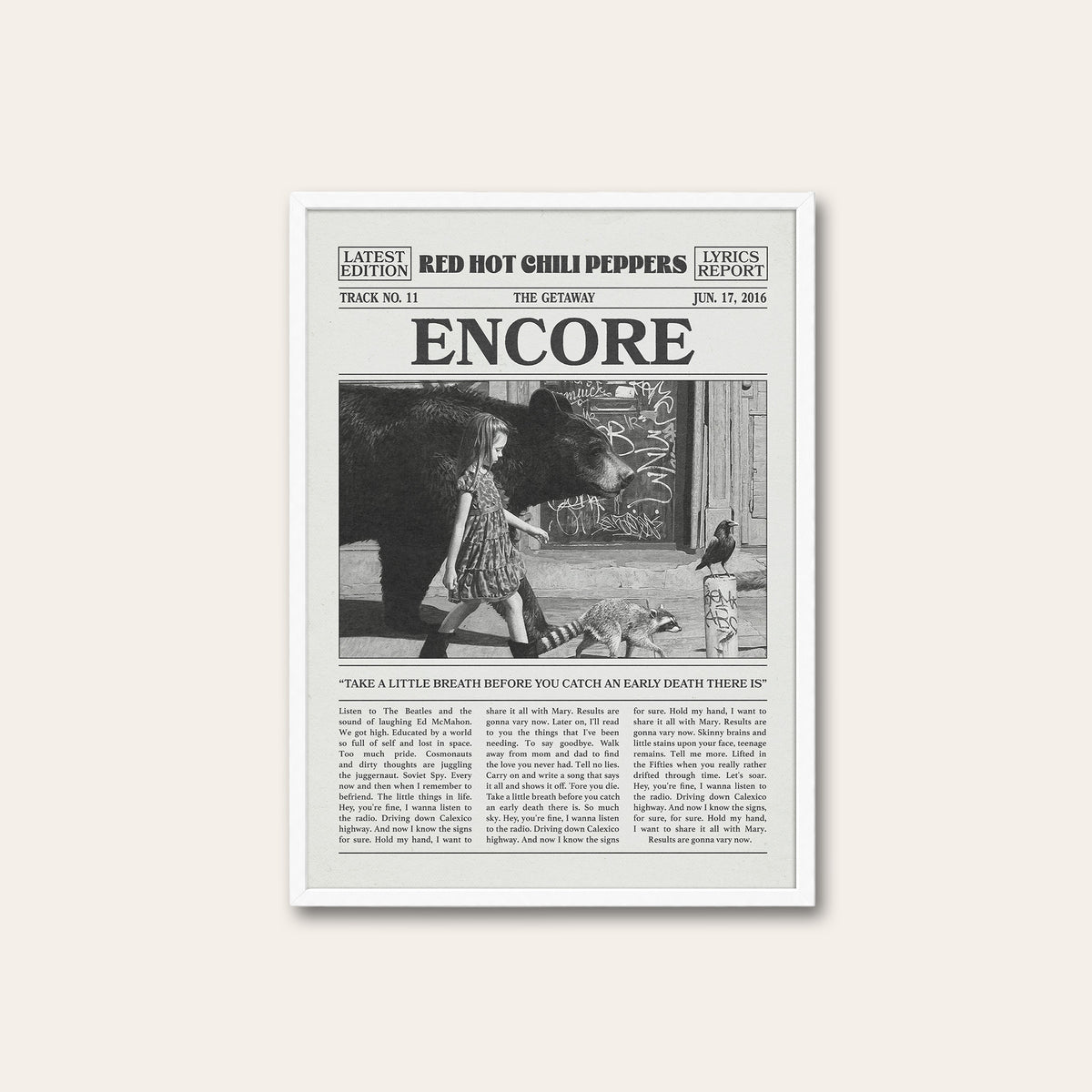 Red Hot Chili Peppers Encore newspaper poster — white frame