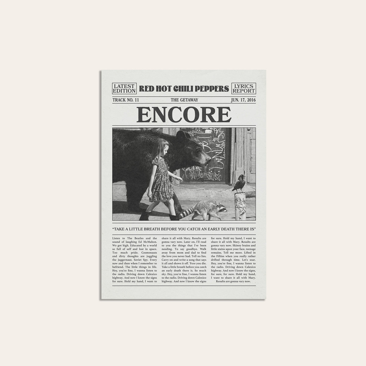 Red Hot Chili Peppers Encore newspaper poster — unframed print