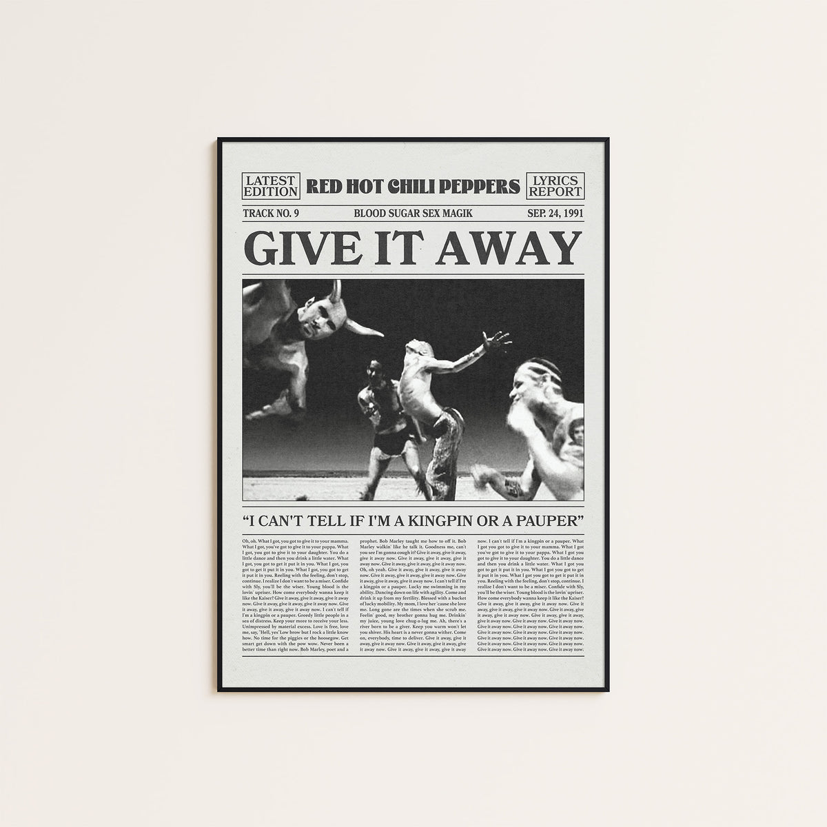 Red Hot Chili Peppers Give It Away Performance Scene newspaper poster — black frame display