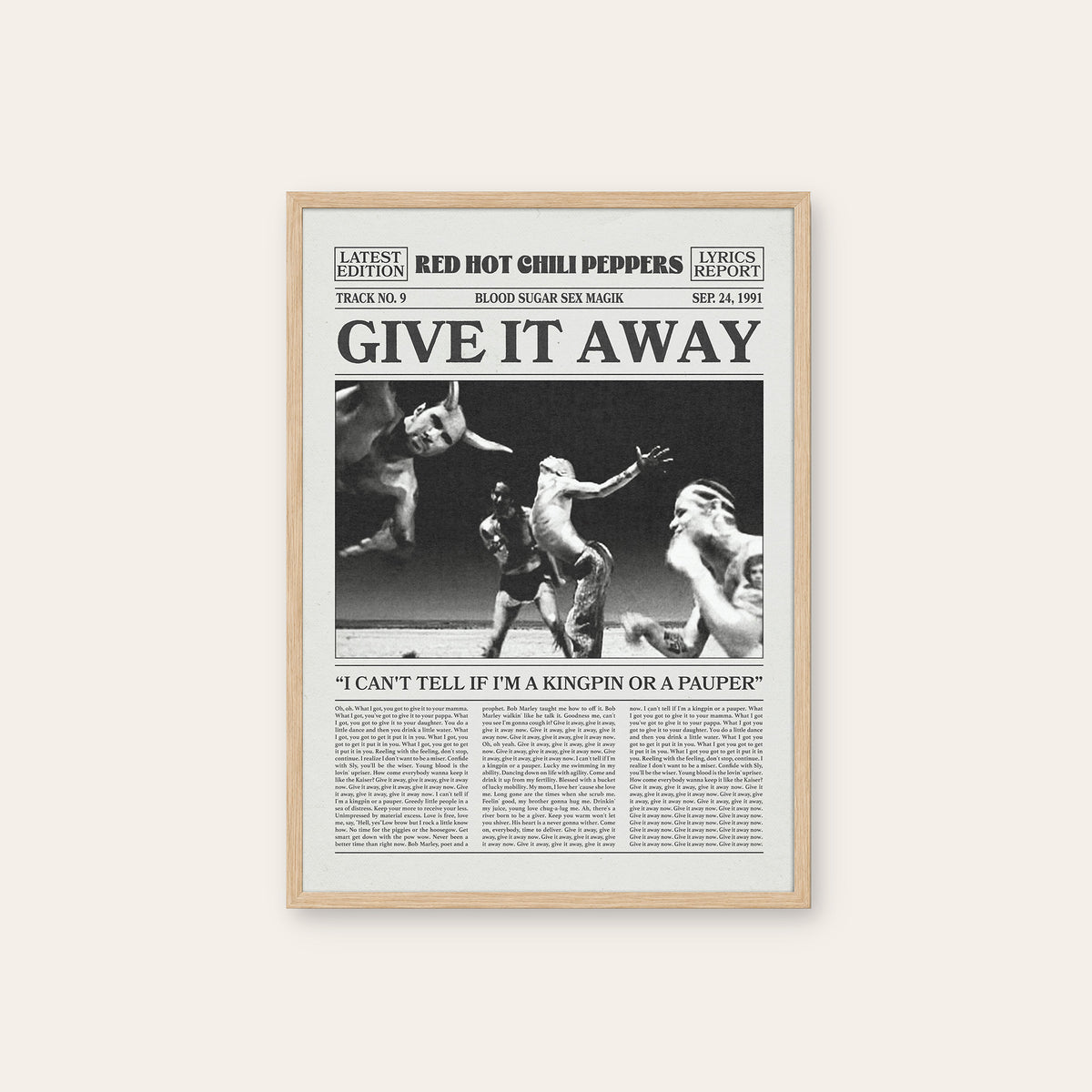 Red Hot Chili Peppers Give It Away Performance Scene newspaper poster — natural wood frame