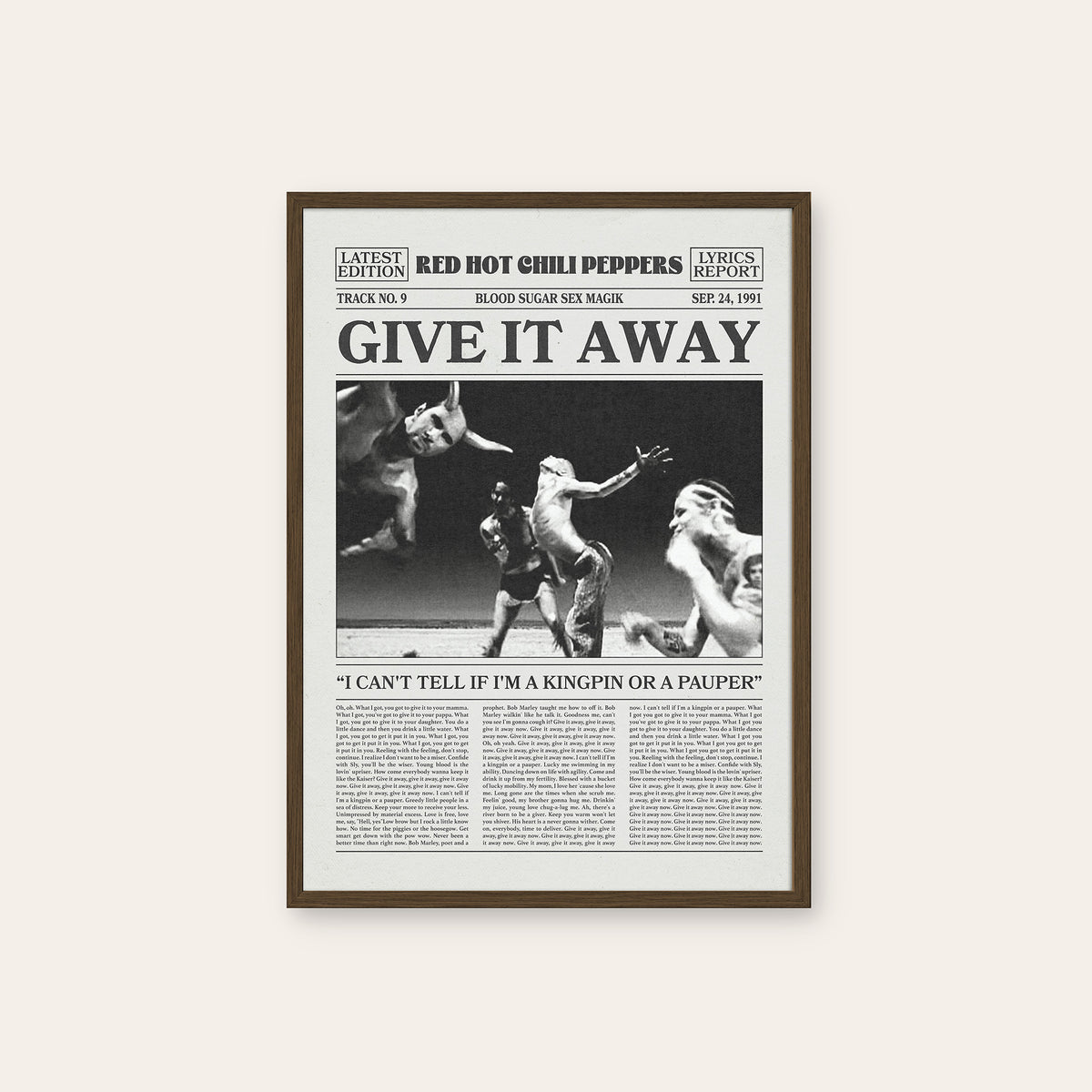 Red Hot Chili Peppers Give It Away Performance Scene newspaper poster — dark wood frame
