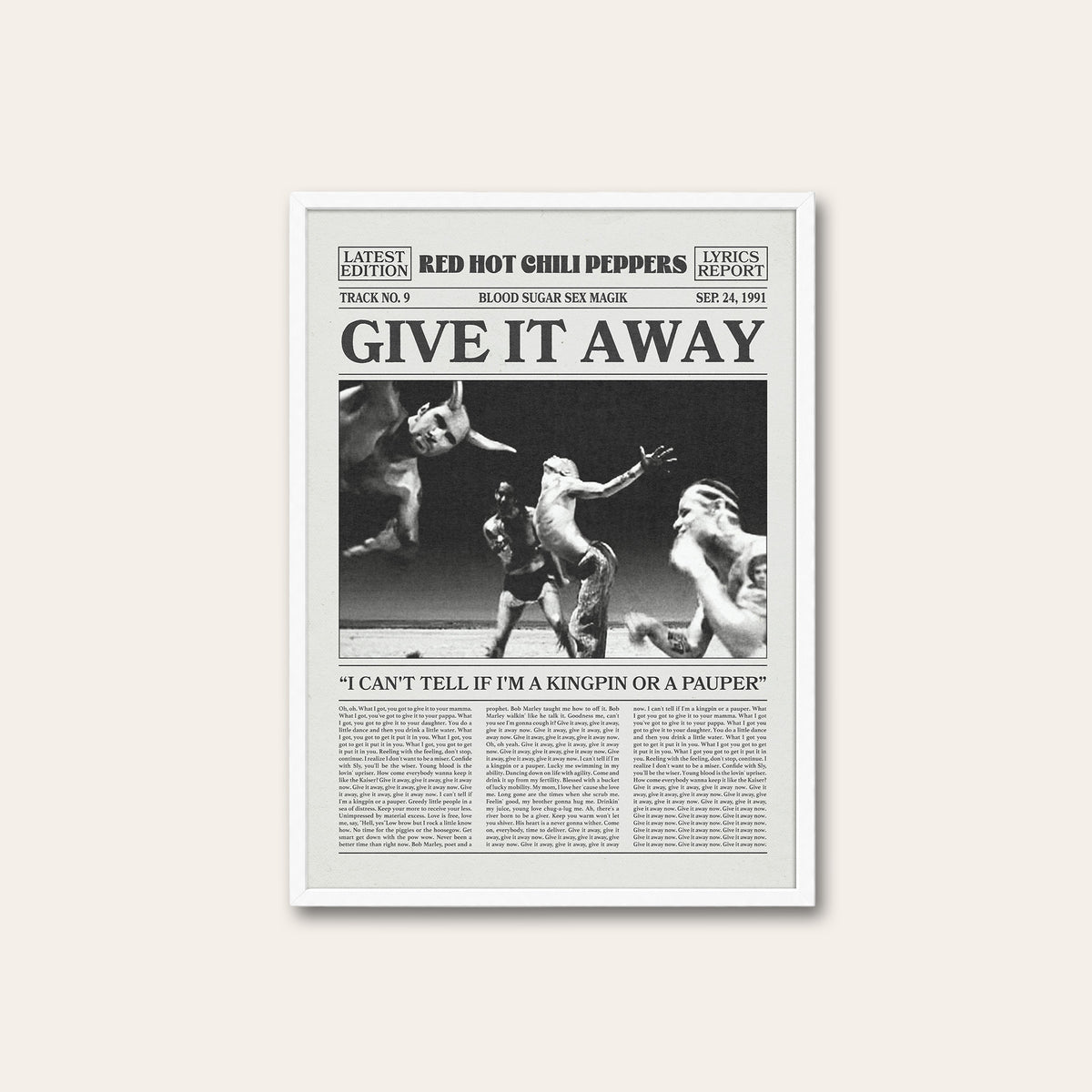 Red Hot Chili Peppers Give It Away Performance Scene newspaper poster — white frame