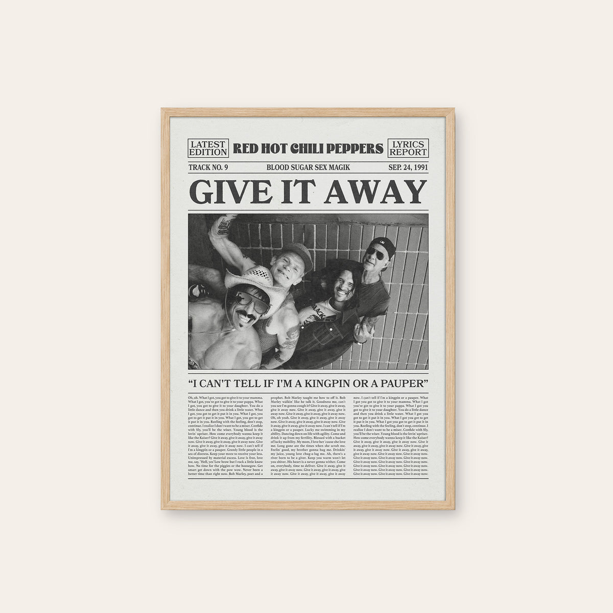 Red Hot Chili Peppers Give It Away Band Portrait newspaper poster — natural wood frame