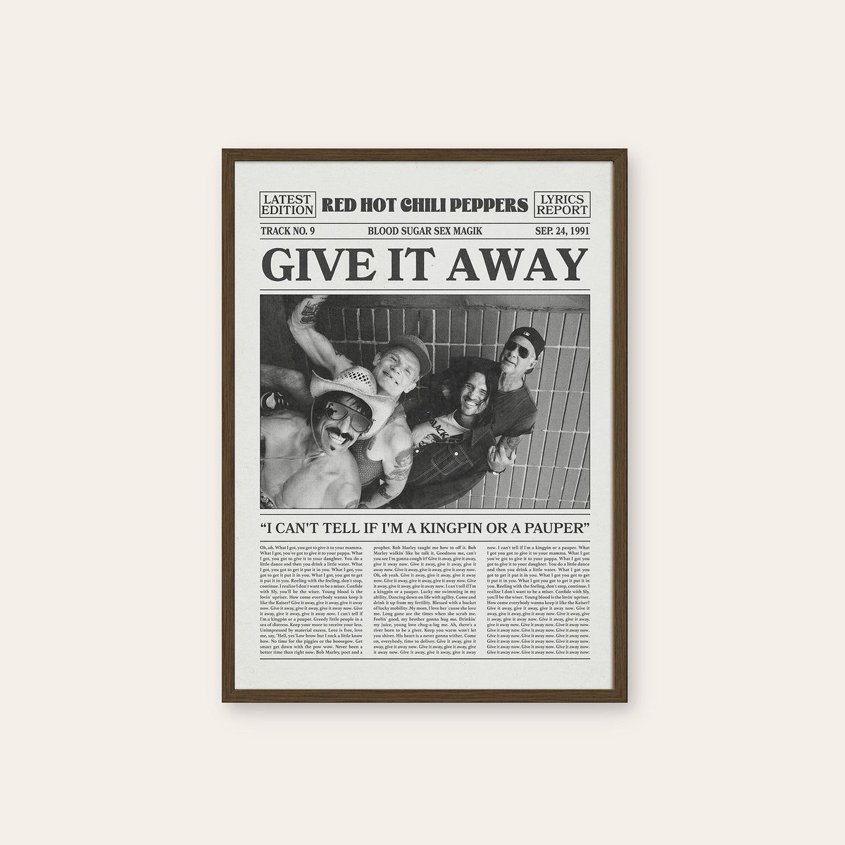 Red Hot Chili Peppers Give It Away Band Portrait newspaper poster — dark wood frame
