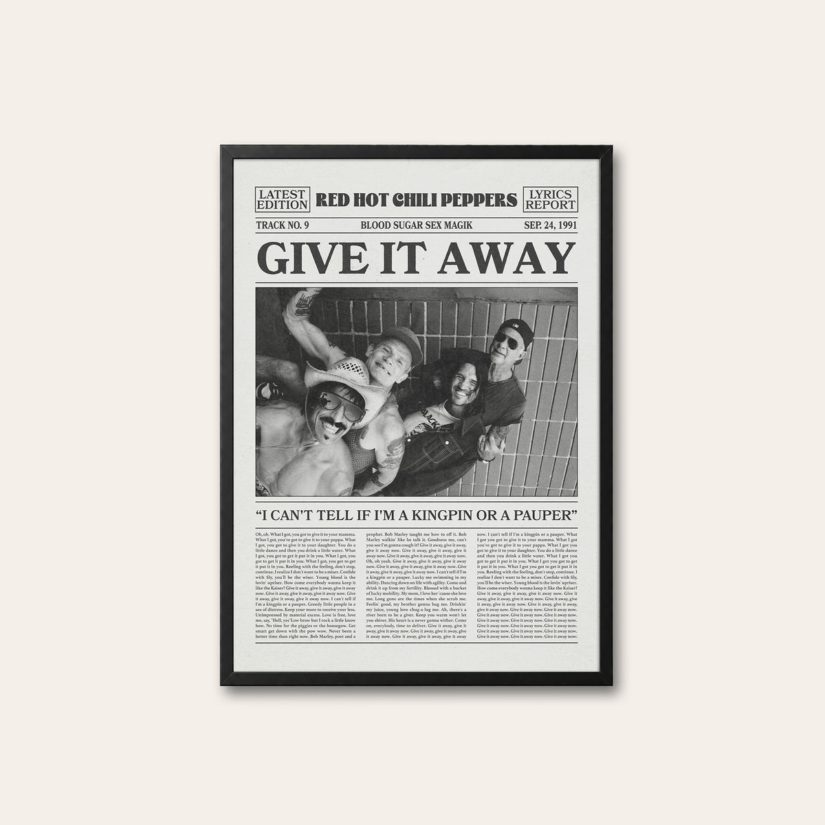 Red Hot Chili Peppers Give It Away Band Portrait newspaper poster — black frame