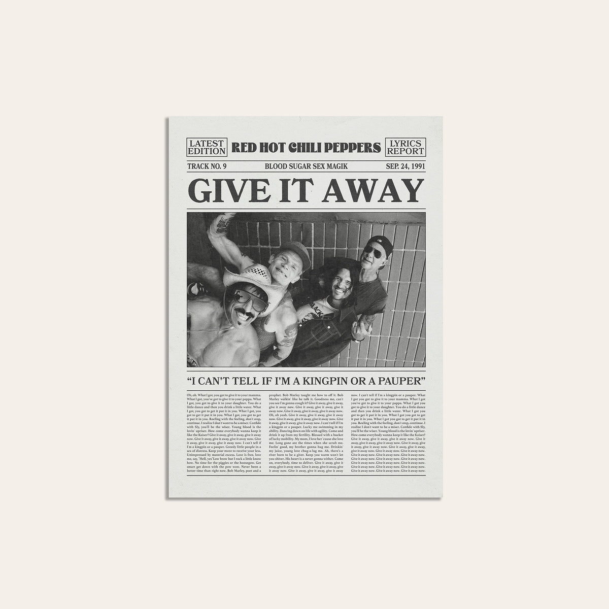 Red Hot Chili Peppers Give It Away Band Portrait newspaper poster — unframed print