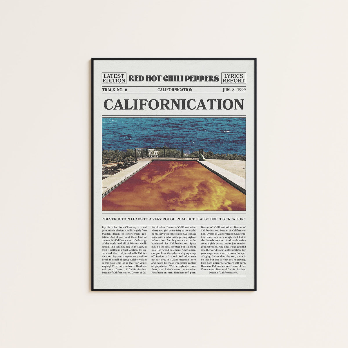 Red Hot Chili Peppers Californication Pool Newspaper Edition newspaper poster — black frame display