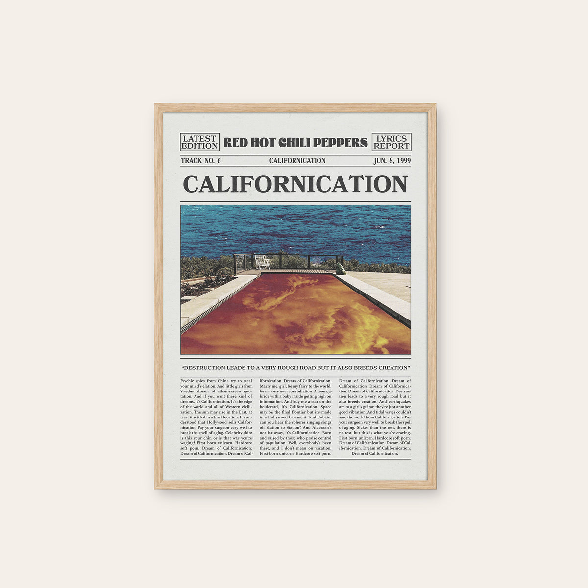 Red Hot Chili Peppers Californication Pool Newspaper Edition newspaper poster — natural wood frame