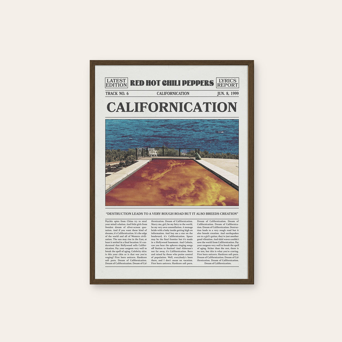 Red Hot Chili Peppers Californication Pool Newspaper Edition newspaper poster — dark wood frame