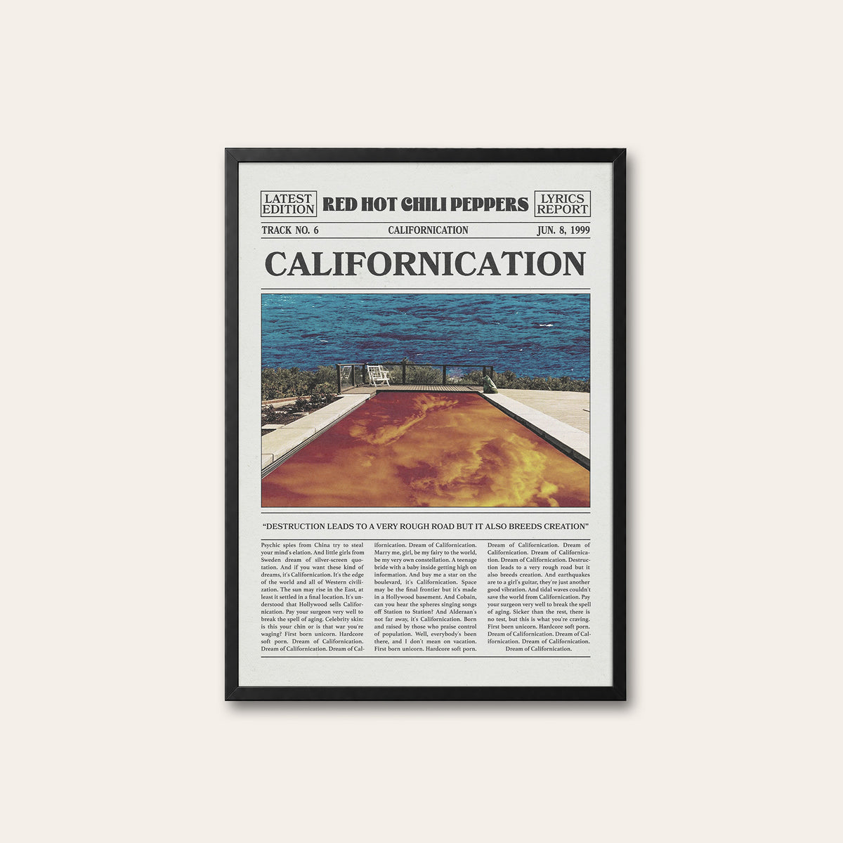 Red Hot Chili Peppers Californication Pool Newspaper Edition newspaper poster — black frame