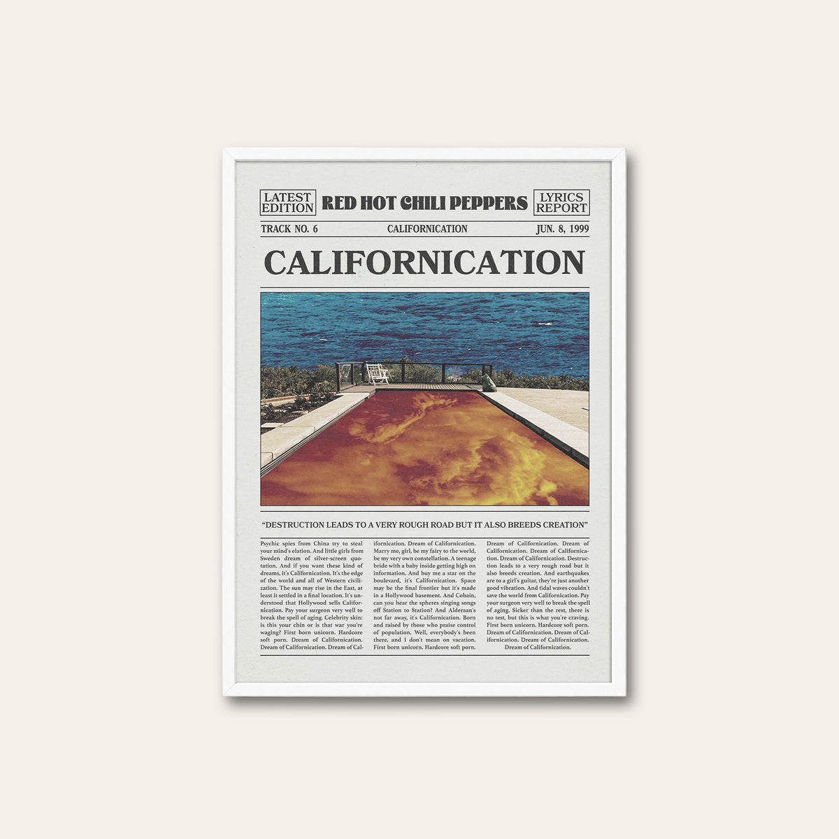 Red Hot Chili Peppers Californication Pool Newspaper Edition newspaper poster — white frame
