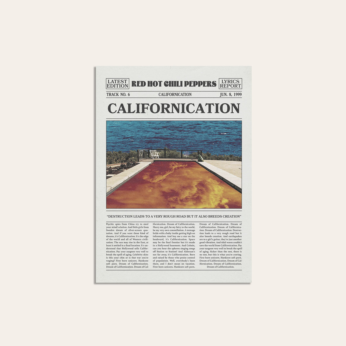 Red Hot Chili Peppers Californication Pool Newspaper Edition newspaper poster — unframed print