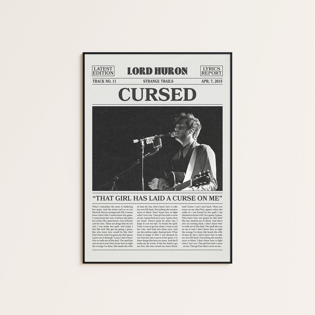 Lord Huron Cursed newspaper poster — black frame display