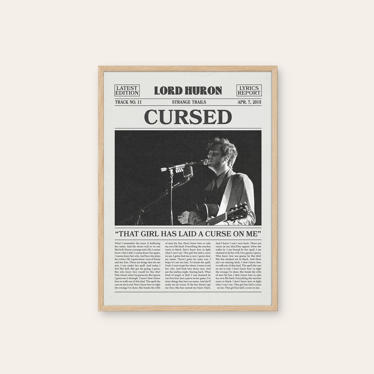 Lord Huron Cursed newspaper poster — natural wood frame