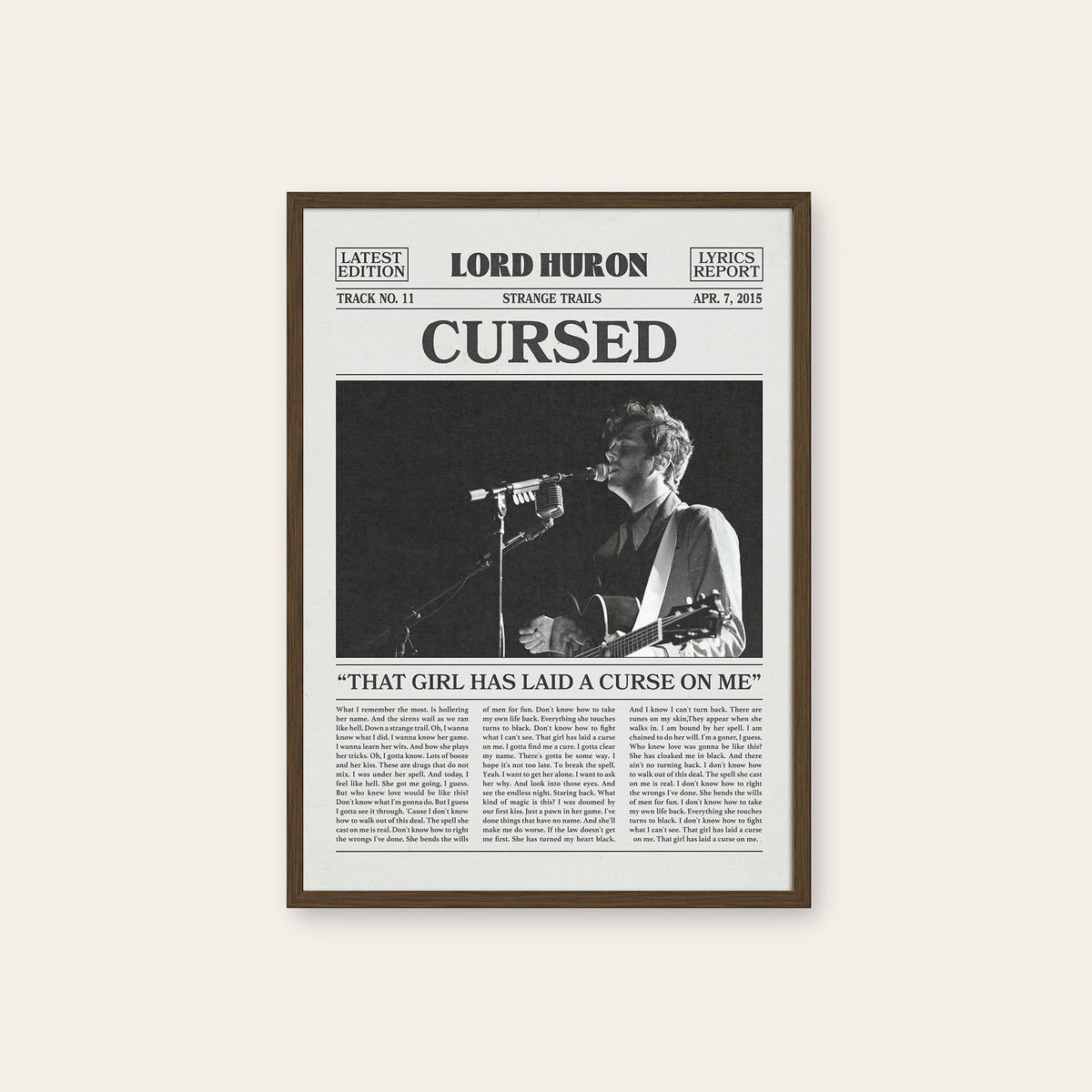 Lord Huron Cursed newspaper poster — dark wood frame