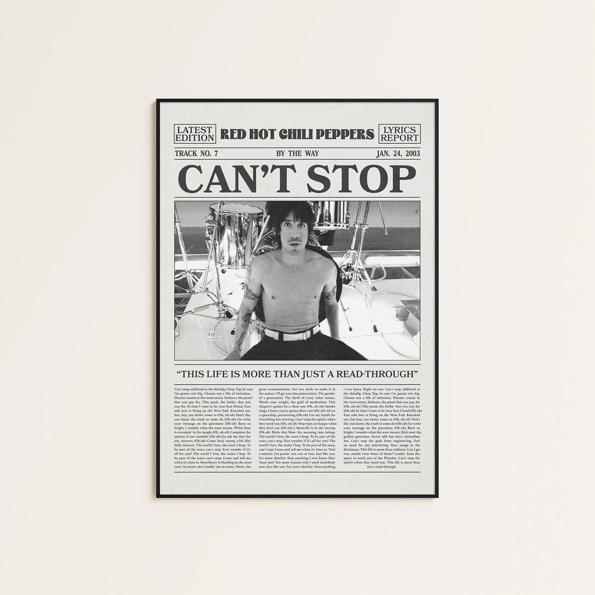Red Hot Chili Peppers Can't Stop newspaper poster — black frame display