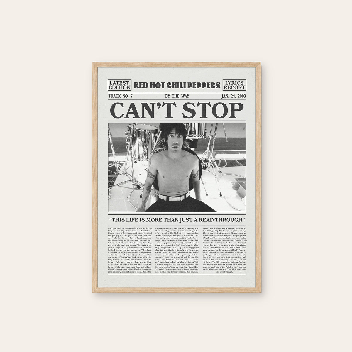 Red Hot Chili Peppers Can't Stop newspaper poster — natural wood frame