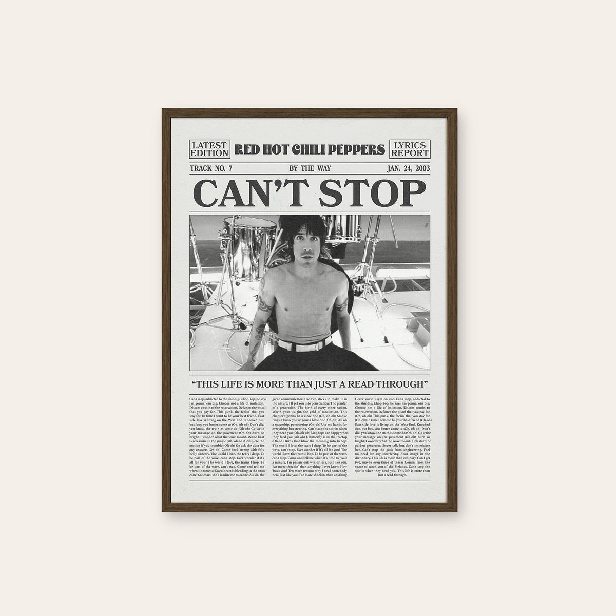 Red Hot Chili Peppers Can't Stop newspaper poster — dark wood frame