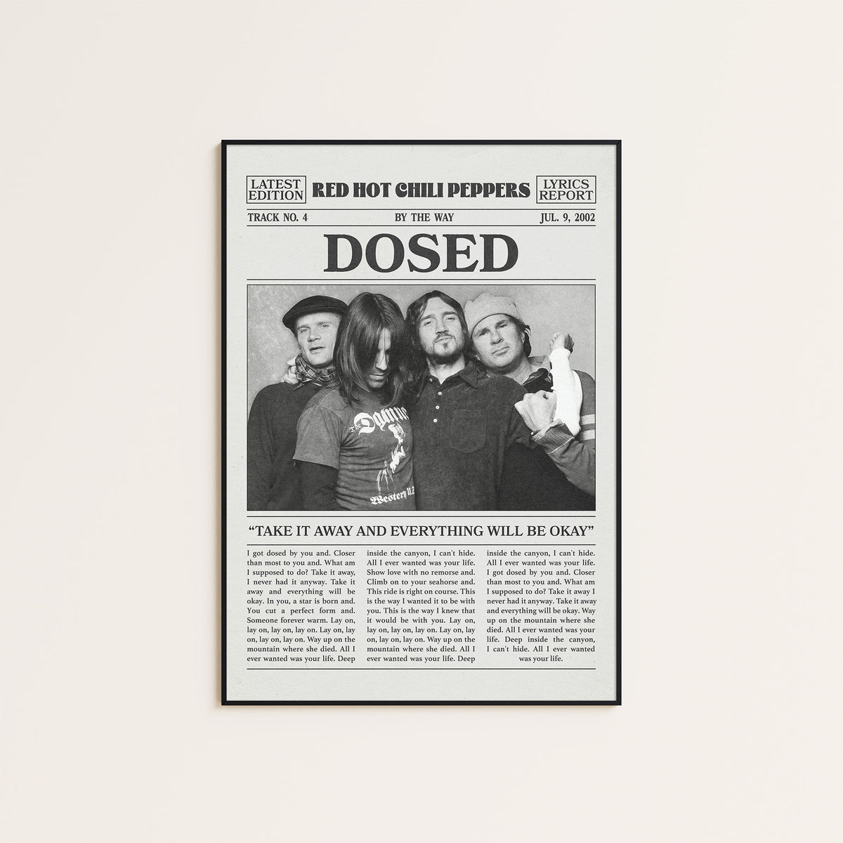 Red Hot Chili Peppers Dosed newspaper poster — black frame display