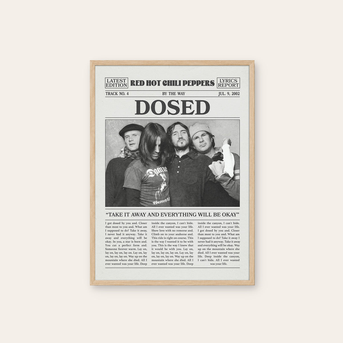 Red Hot Chili Peppers Dosed newspaper poster — natural wood frame