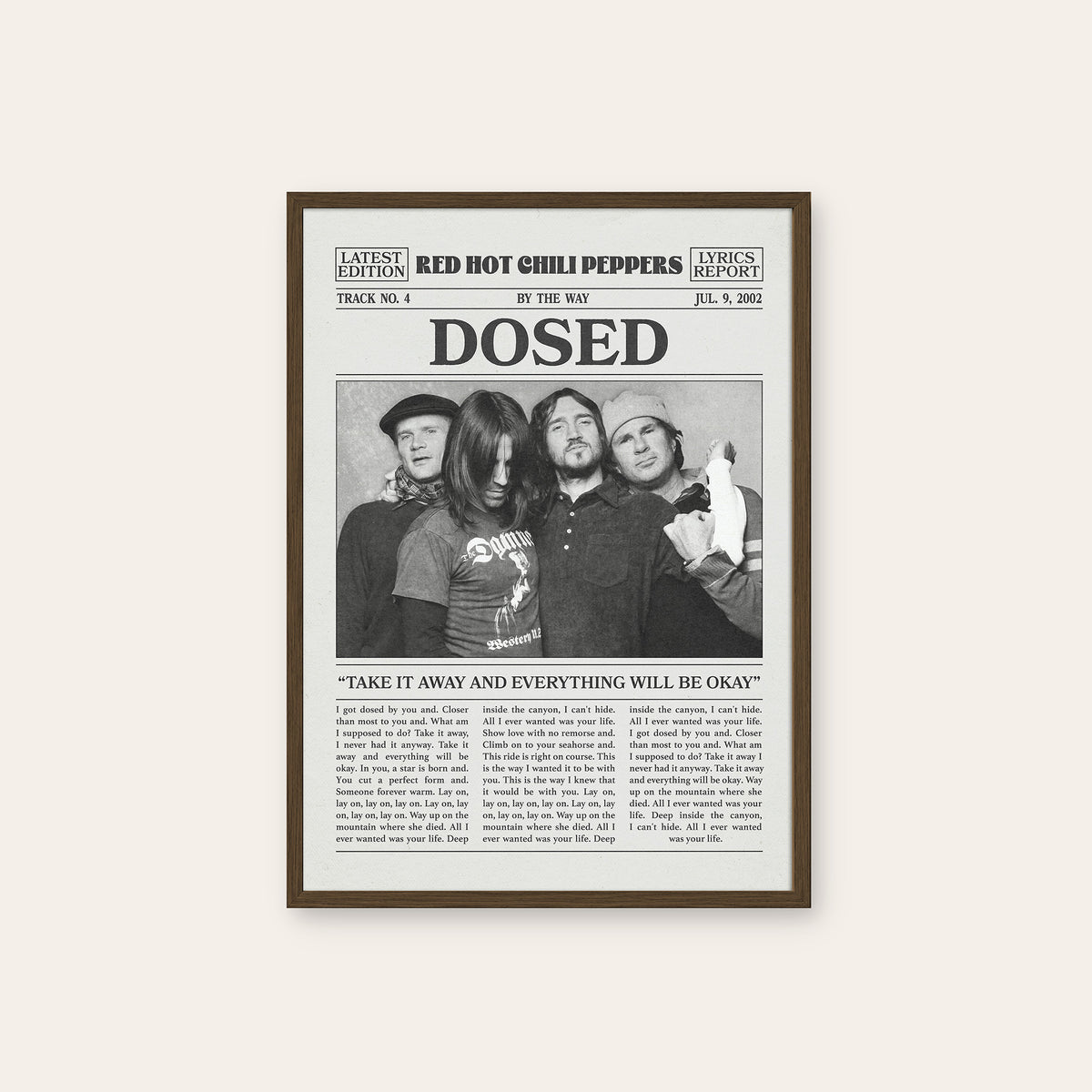 Red Hot Chili Peppers Dosed newspaper poster — dark wood frame