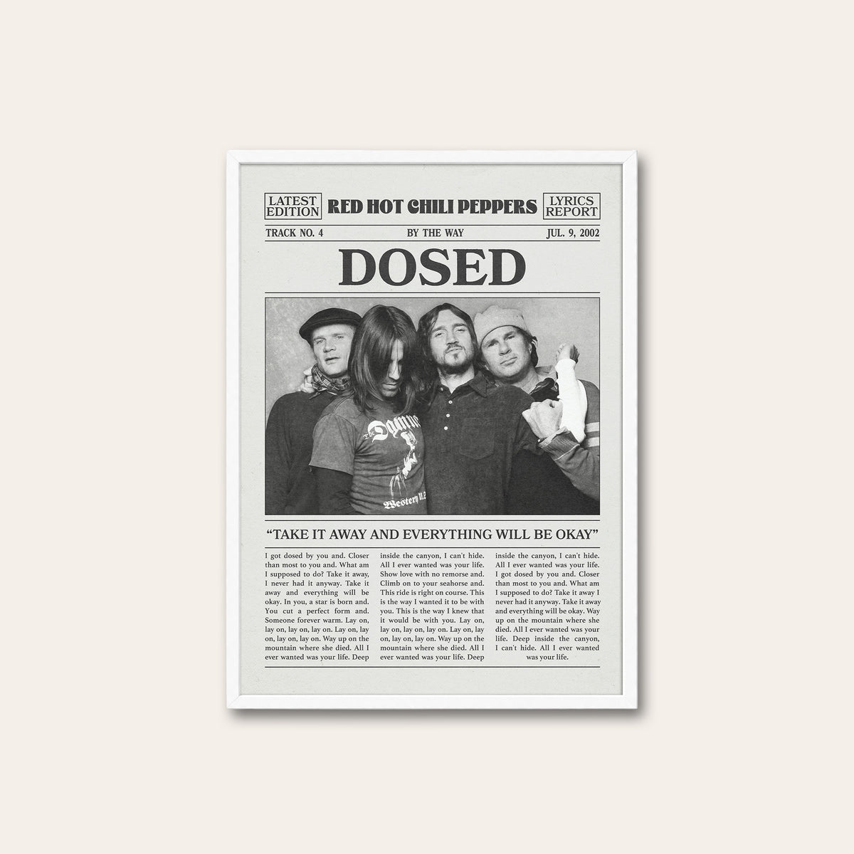 Red Hot Chili Peppers Dosed newspaper poster — white frame
