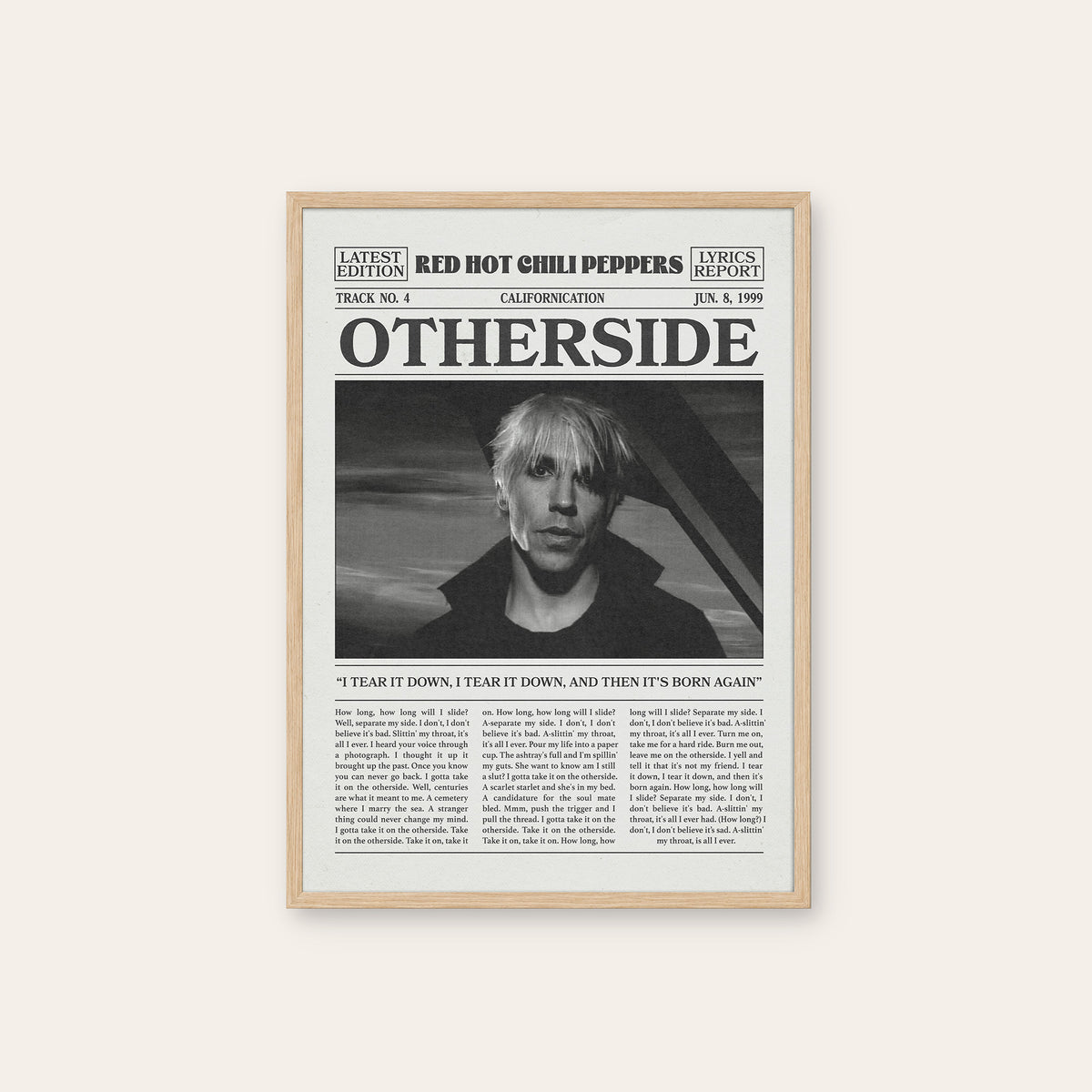 Red Hot Chili Peppers Otherside newspaper poster — natural wood frame