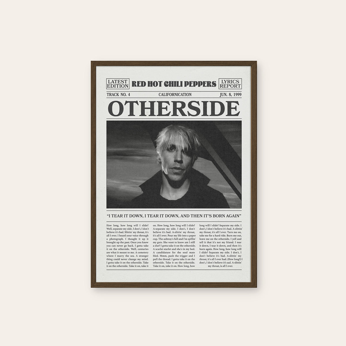 Red Hot Chili Peppers Otherside newspaper poster — dark wood frame