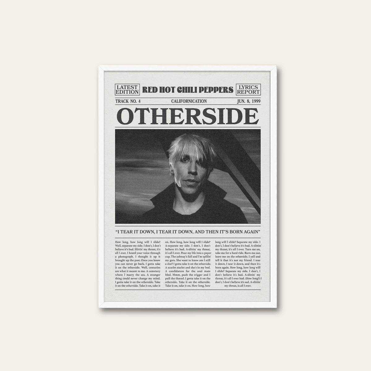 Red Hot Chili Peppers Otherside newspaper poster — white frame