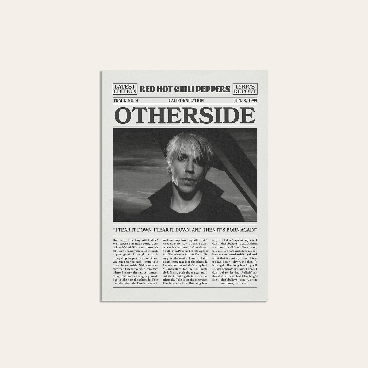 Red Hot Chili Peppers Otherside newspaper poster — unframed print