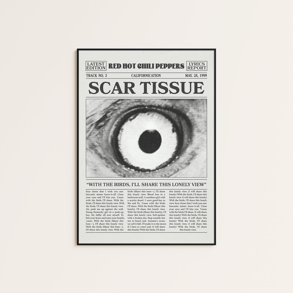 Red Hot Chili Peppers Scar Tissue newspaper poster — black frame display