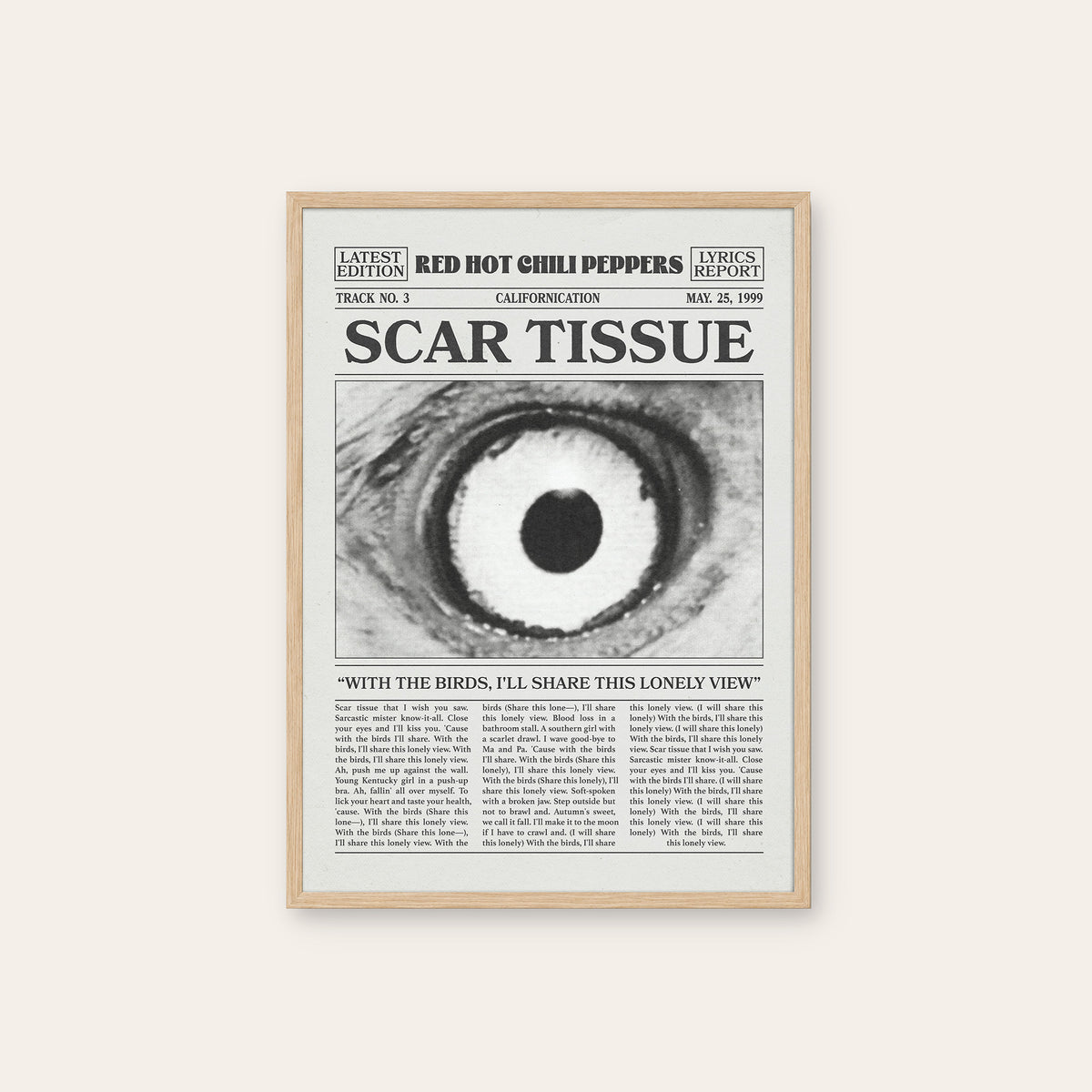 Red Hot Chili Peppers Scar Tissue newspaper poster — natural wood frame