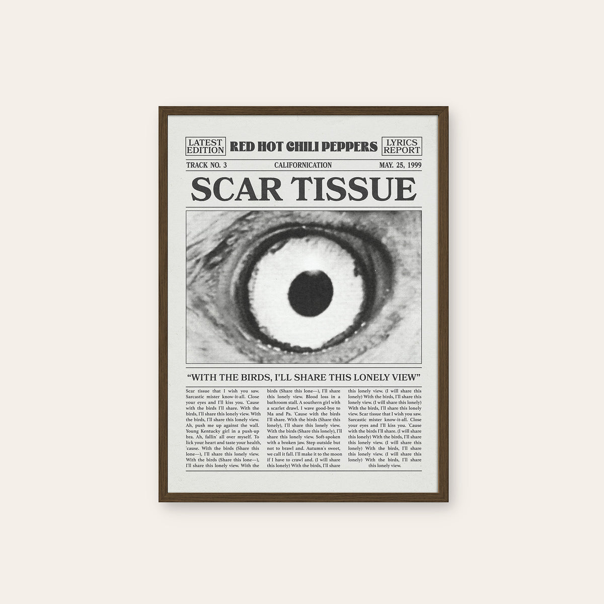 Red Hot Chili Peppers Scar Tissue newspaper poster — dark wood frame