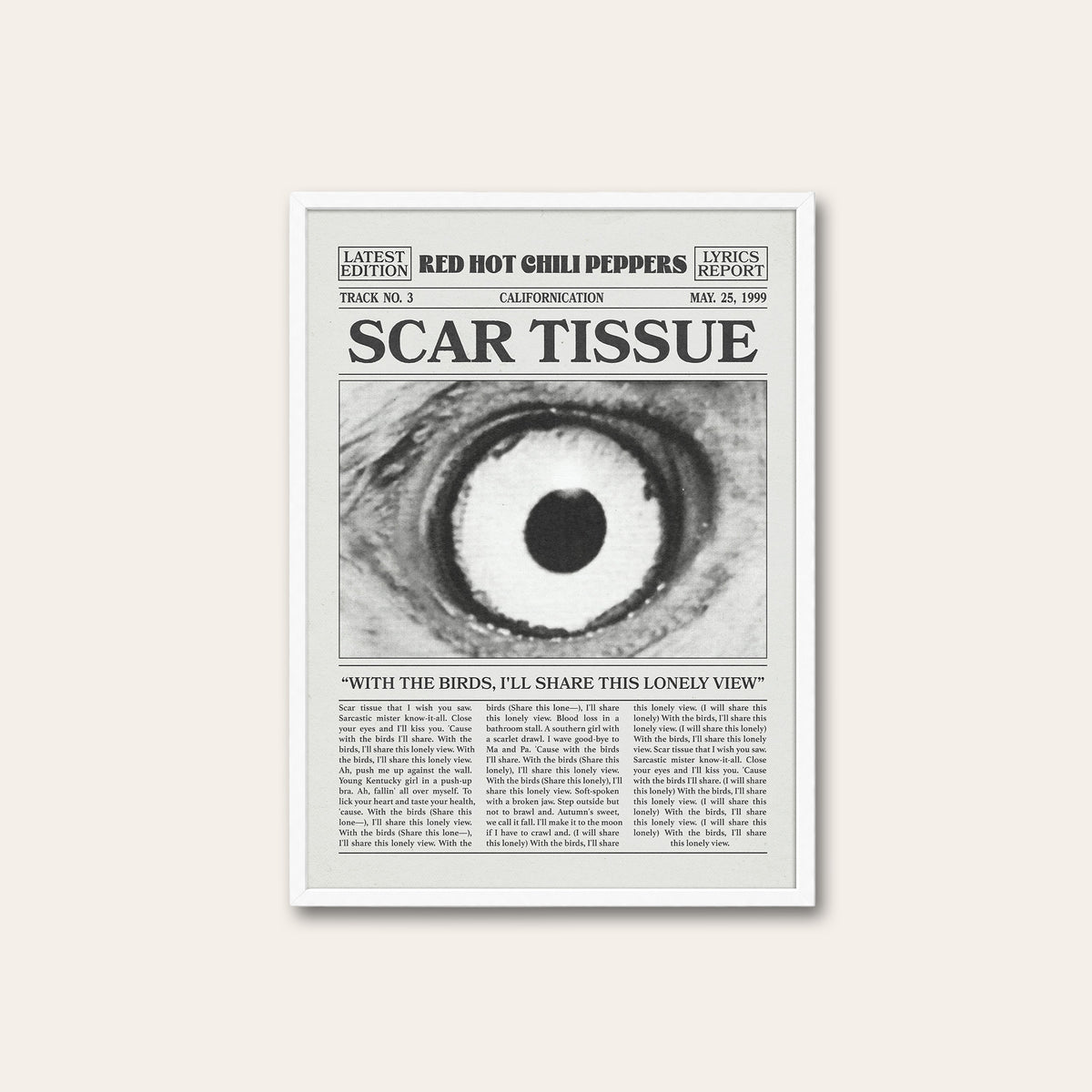 Red Hot Chili Peppers Scar Tissue newspaper poster — white frame