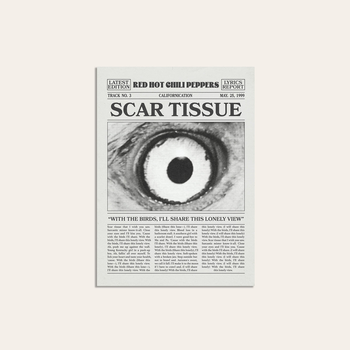 Red Hot Chili Peppers Scar Tissue newspaper poster — unframed print