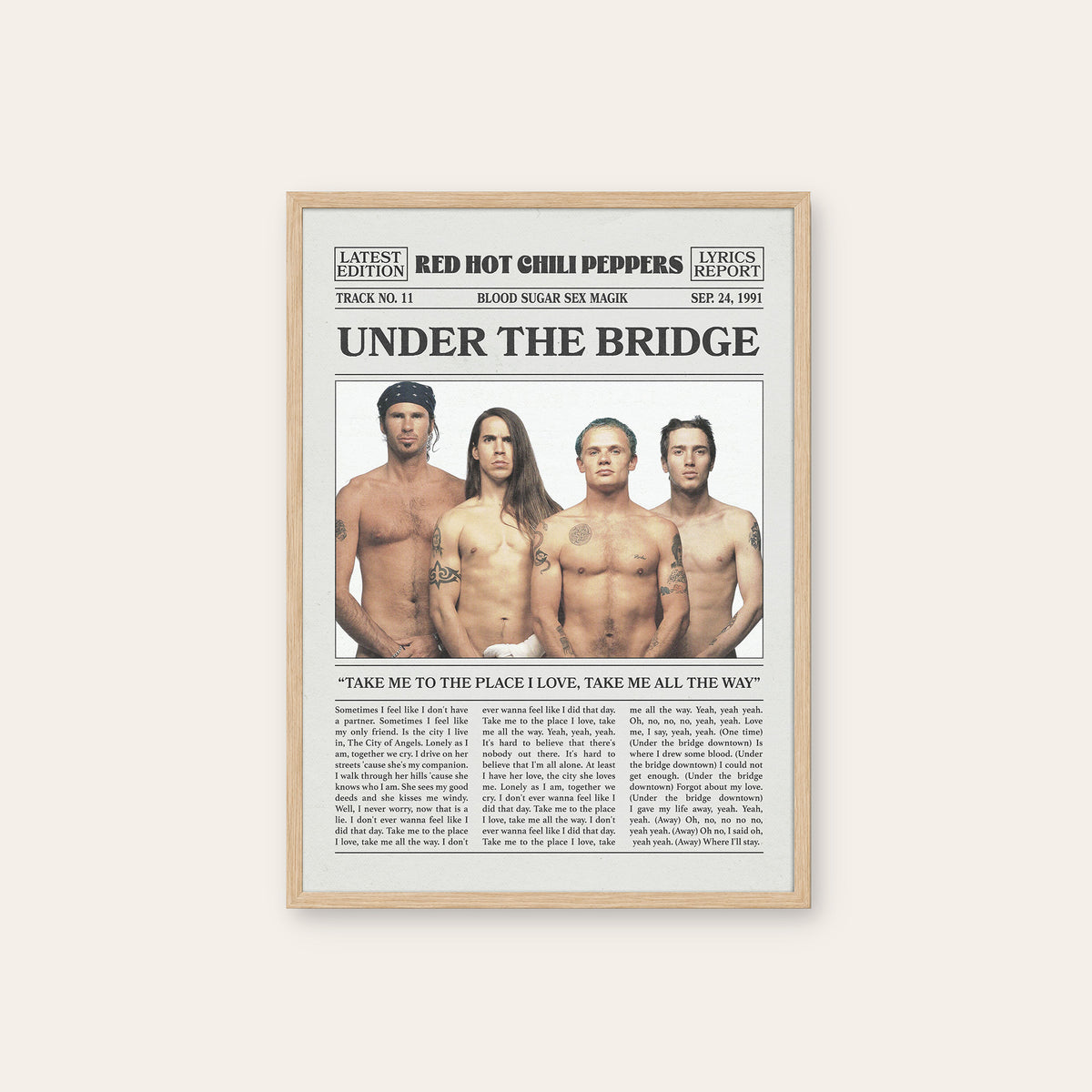 Red Hot Chili Peppers Under the Bridge Color Band Portrait newspaper poster — natural wood frame