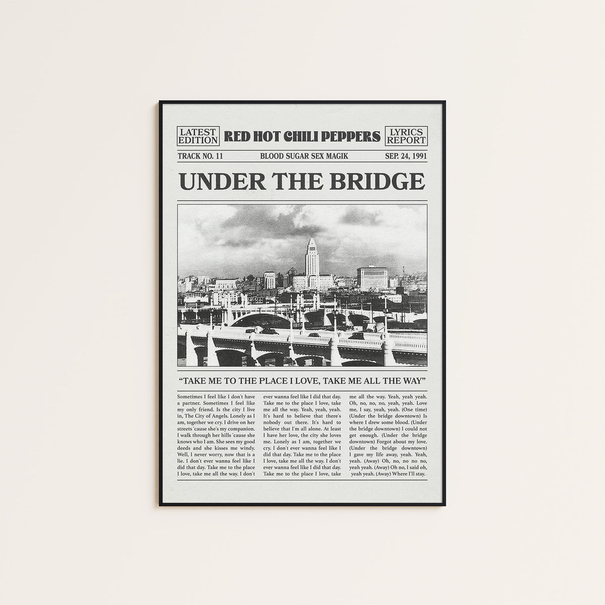 Red Hot Chili Peppers Under the Bridge Cityscape Edition newspaper poster — black frame display