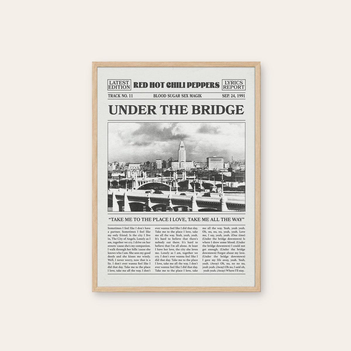 Red Hot Chili Peppers Under the Bridge Cityscape Edition newspaper poster — natural wood frame
