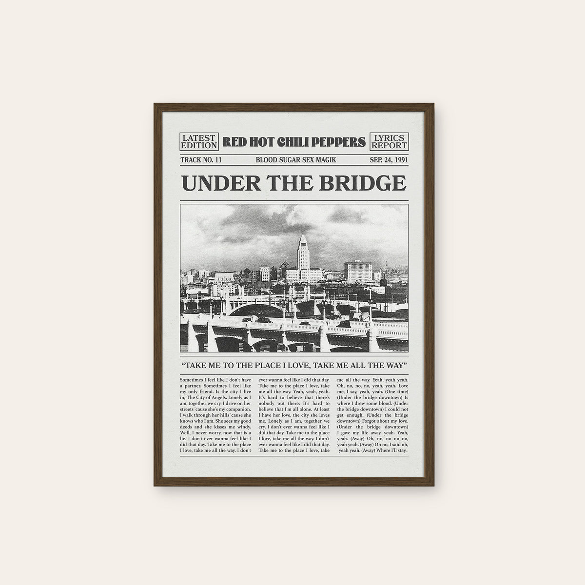 Red Hot Chili Peppers Under the Bridge Cityscape Edition newspaper poster — dark wood frame