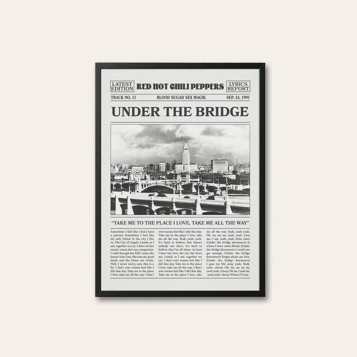 Red Hot Chili Peppers Under the Bridge Cityscape Edition newspaper poster — black frame