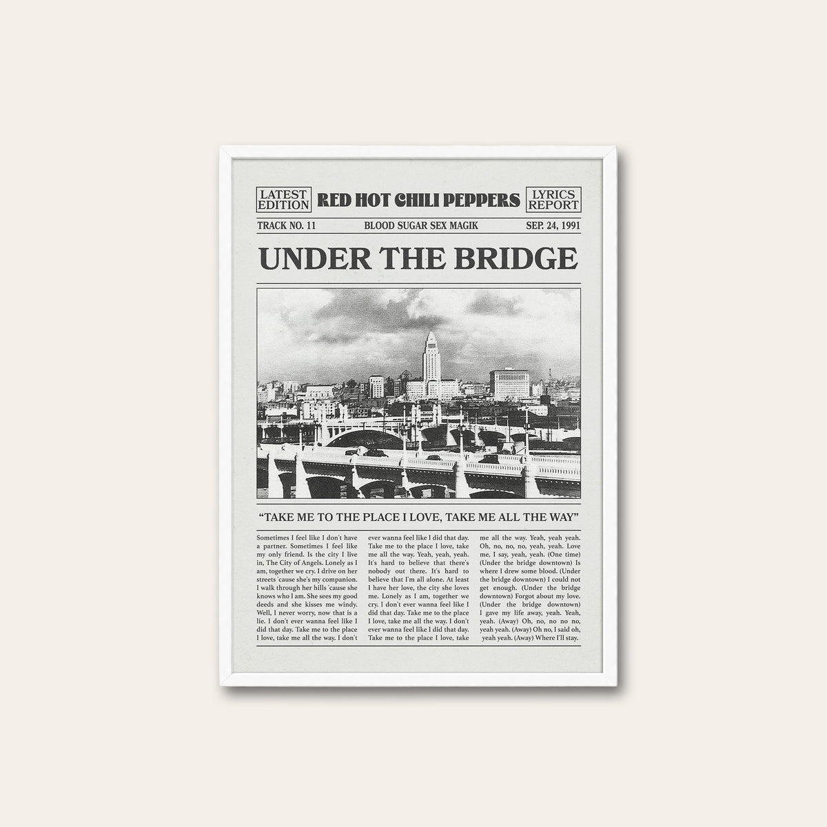Red Hot Chili Peppers Under the Bridge Cityscape Edition newspaper poster — white frame